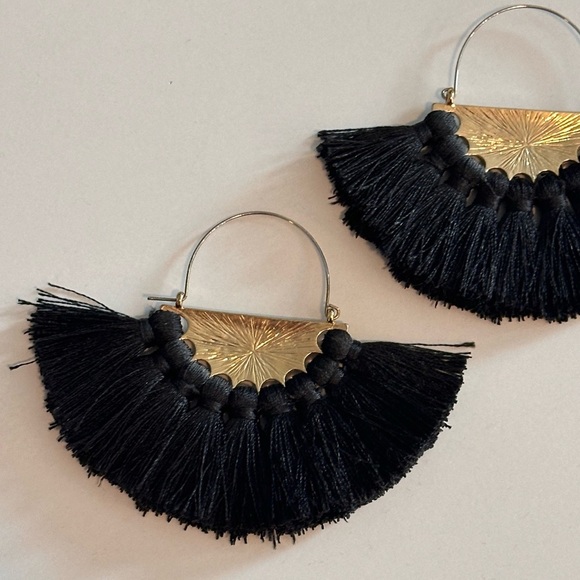 Black and Gold Large Tassel Hoop Statement Earrings - Picture 3 of 5